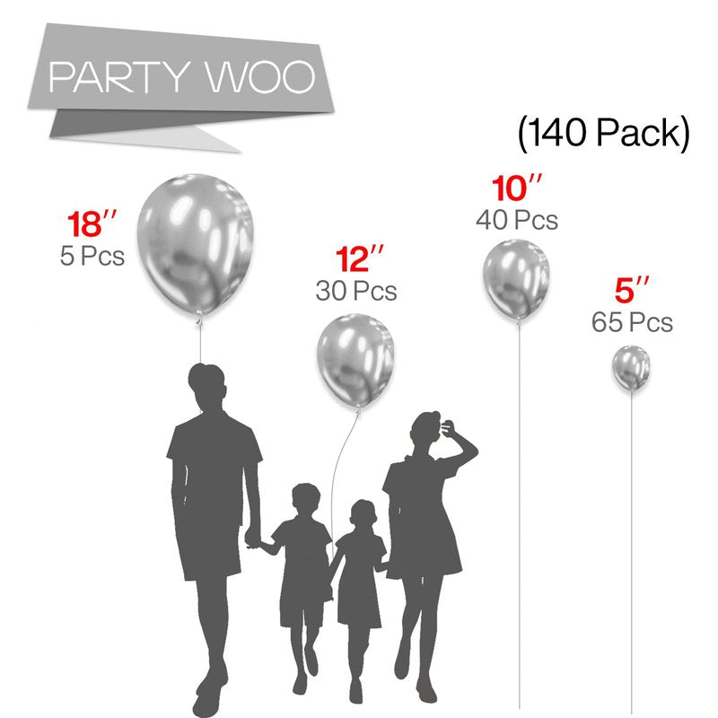 PartyWoo Silver Balloons 140 pcs Different Sizes of 18 12 10 5 Inch Silver Balloon Arch Kit Garland for Birthday Graduation Bachelorette Engagement Bridal Shower Wedding Party Decorations Silver-G102