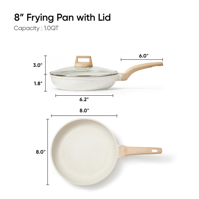 CAROTE 8 Inch Non Stick Frying Pan with Lid,White Granite Nonstick Skillet Omelet Pans, Egg Pan Granite Cookware, PFOS & PFOA Free