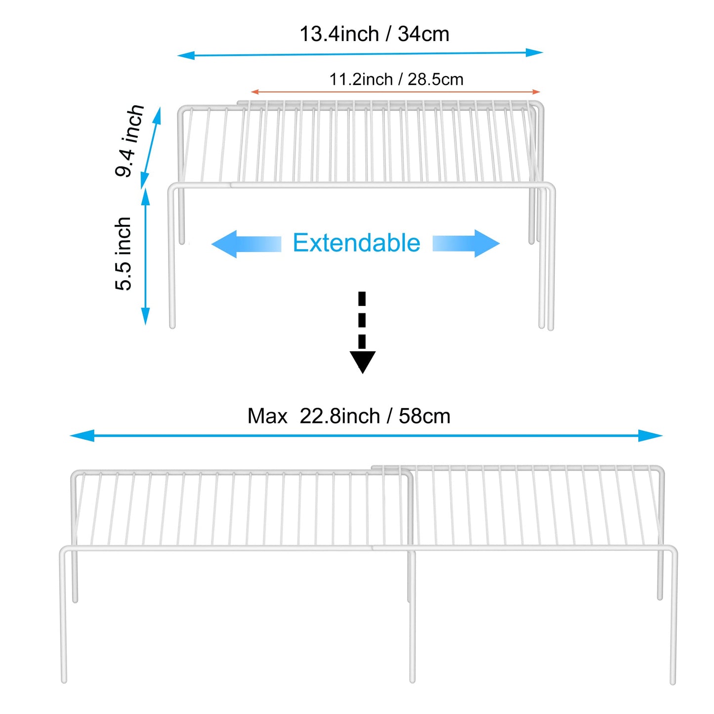 iPEGTOP Expandable Freezer Cabinet Storage Shelf, 2 Pieces Rustproof Spice Rack, Adjustable Kitchen Organizer Counter Fridge Pantry Shelf Space Saver (White)