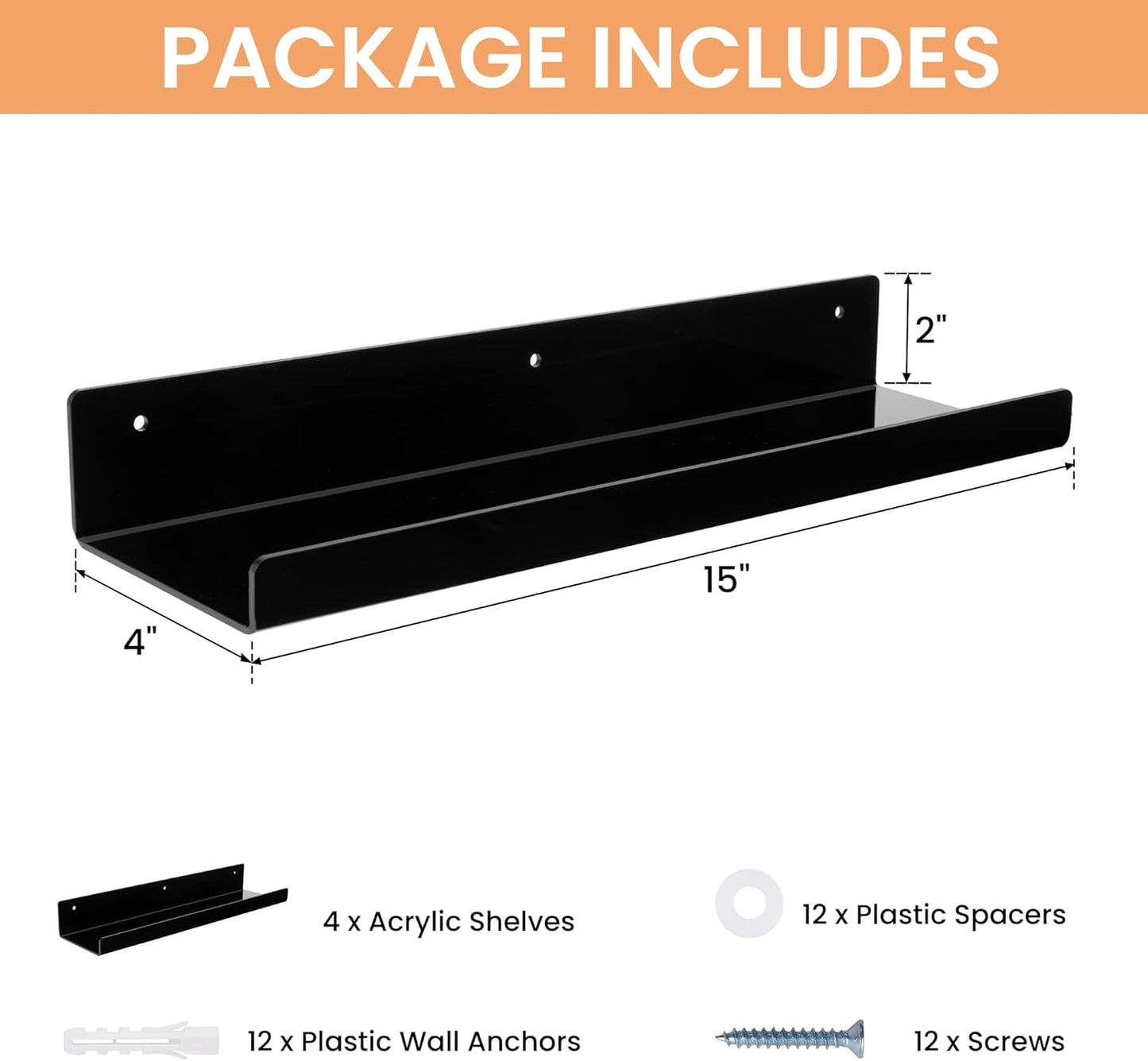 Upsimples Acrylic Wall Shelves - 15" Floating Display Shelf Set for Perfume & Books | Black, 4 Pack