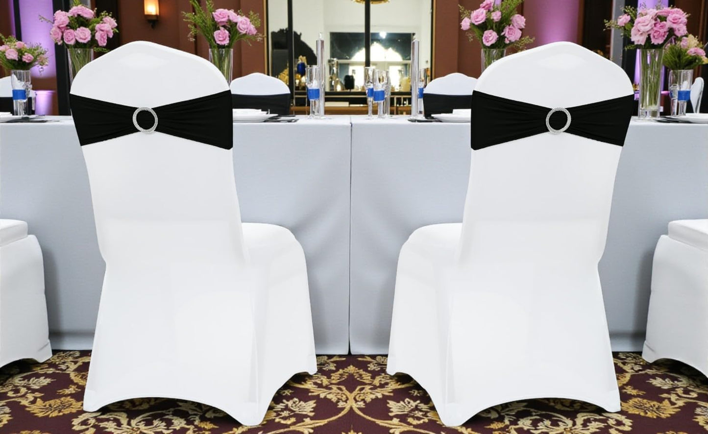 MDS Spandex Chair Sashes - Premium Stretch Covers with Buckle Slider for Weddings & Events | Black, Set of 75