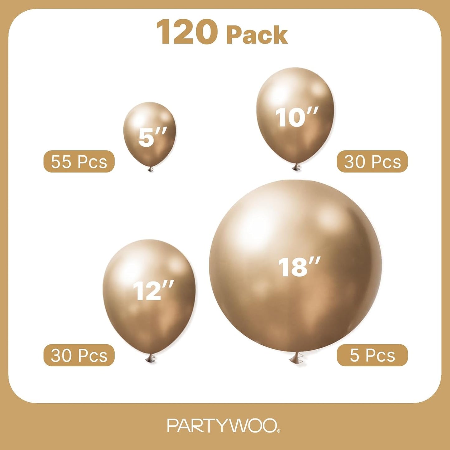 PartyWoo Metallic Gold Balloons - 120-Piece Chrome Balloon Arch Kit for Birthday & Wedding Decor | Various Sizes 5-18 Inch