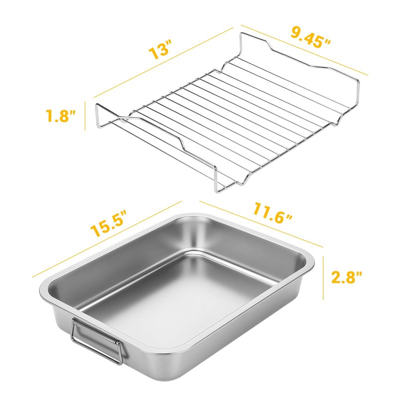 Tifanso Stainless Steel Roasting Pan - Heavy Duty Turkey Roasting Baking Broiler Oven Pan with Rack and Handle for Oven, High Sided Easy to Clean Induction Roast Tray for Chicken, Vegetable, Lasagna