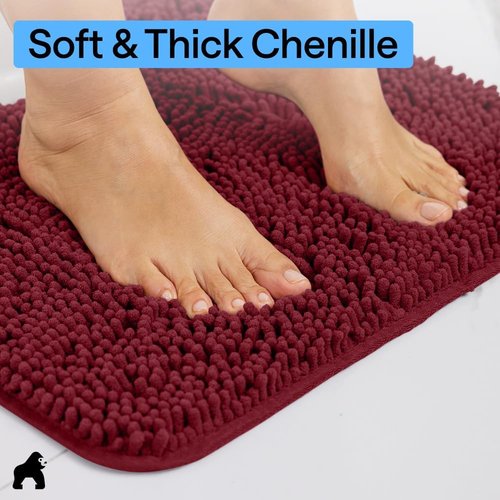 GORILLA GRIP Bath Rug Mat - Plush Absorbent Shaggy Chenille for Square Toilet Base - Burgundy, Machine Washable