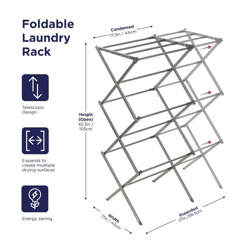 BLACK+DECKER 3 Tier Expandable Collapsing Foldable Laundry Rack for Air Drying Clothing, Space Saving Heavy Duty Lightweight Metal Drying Rack(Silver)