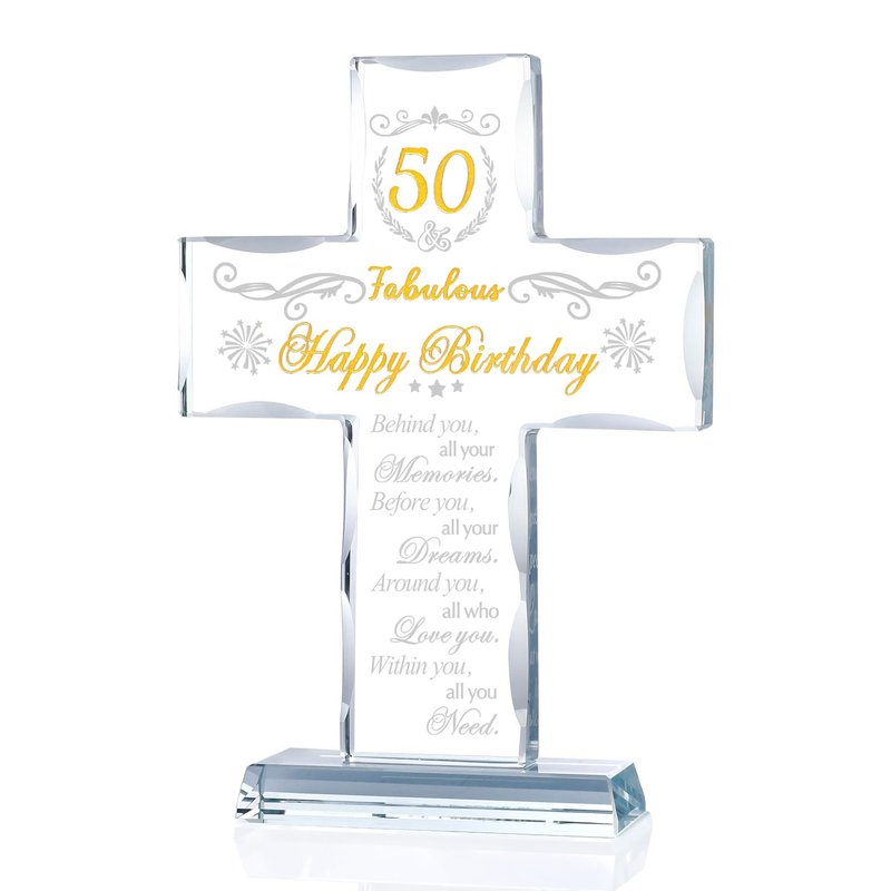 50th Birthday Religious Gifts for Women, Men - Glass Stand Cross Engraved with 50 Year Old Birthday Blessing for Sister, Friend, Wife - Turning 50 Keepsake Home Decor