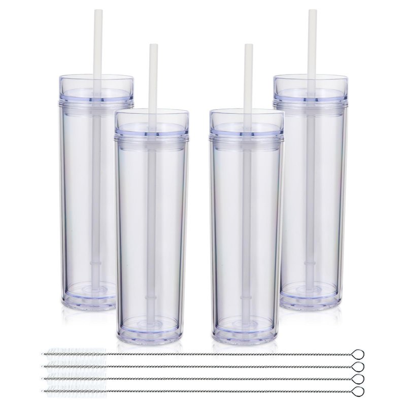 Volhoply 16oz Plastic Skinny Tumbler with Lid and Straw Bulk 4 Pack,Insulated Double Wall BPA Free Matte Acrylic Tumblers,Iced Coffee Travel Mug Reusable Party Cup,Customizable Diy Gifts(Clear,4 Set)