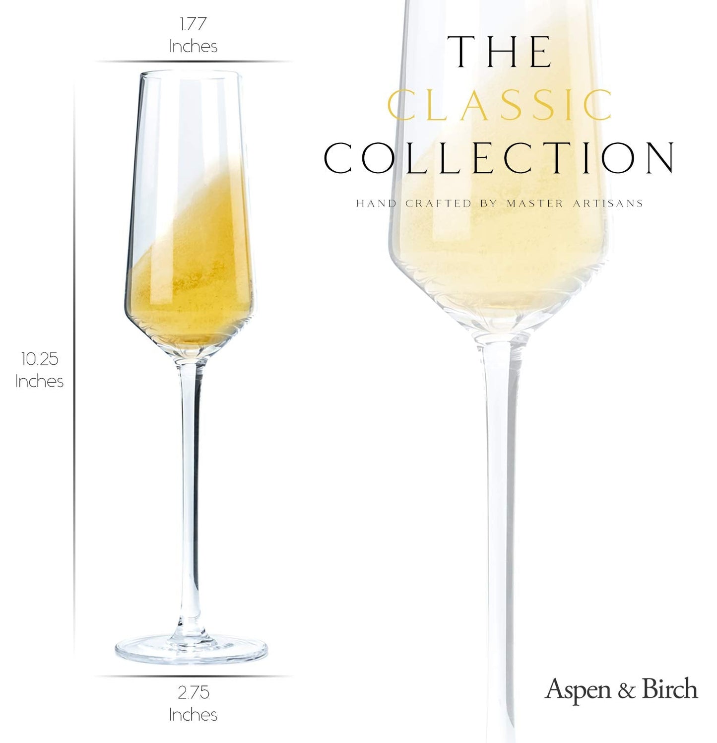 Aspen & Birch - Classic Champagne Flutes Set of 6 - Champagne Glasses - Mimosa Glasses, Premium Crystal Stemware, Clear, 6 oz, Hand Blown Glass Champagne Flutes - Hand Crafted by Artisans