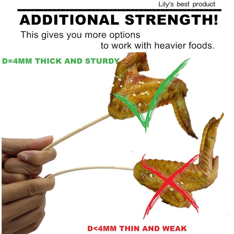 6" Natural Bamboo Skewers for BBQ，Appetiser，Fruit，Cocktail，Kabob，Chocolate Fountain，Grilling，Barbecue，Kitchen，Crafting and Party. Φ=4mm, More Size Choices 8"/10"/12"/14"/16"/17.5"/30"/36"(1000 PCS)