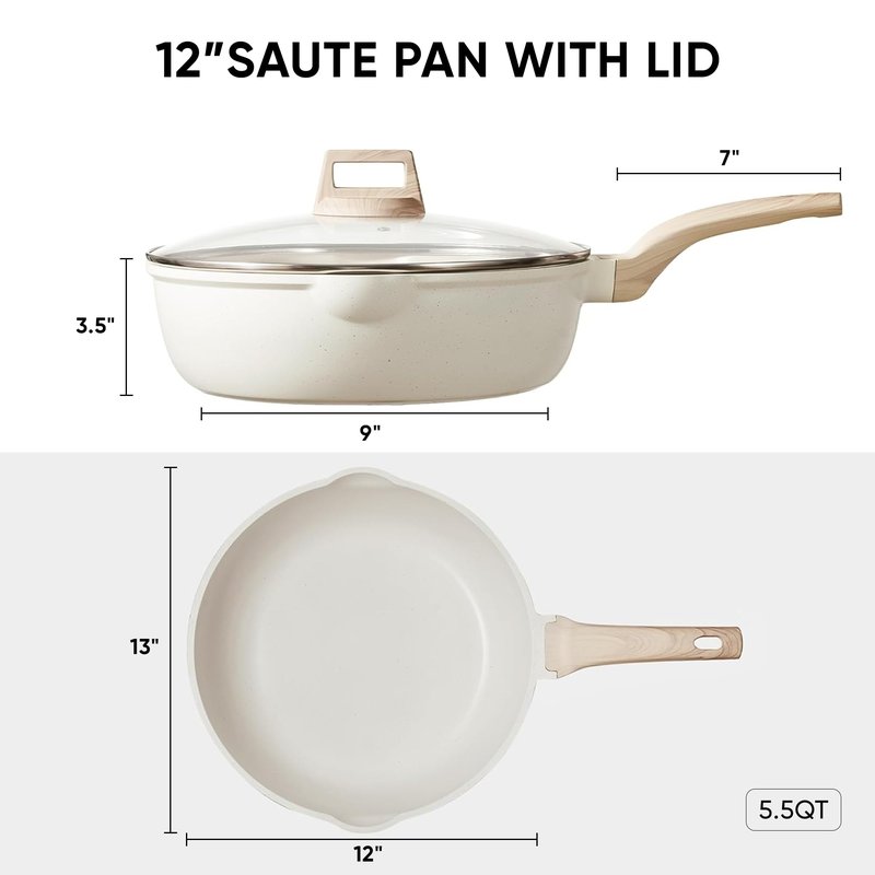 CAROTE 12Inch Nonstick Deep Frying Pan with Lid, 5.5 Qt Jumbo Cooker Saute Pan with Pour Spout, Skillet Induction Cookware, Non Stick Cooking Pan Kitchen Pan PFOA Free, White Granite