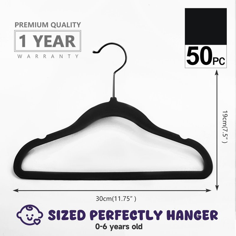 MIZGI Baby Velvet Hangers,Non-Slip Kids & Toddler Hangers,11.8 Inch Hangers for Baby Clothes,Pack of 50(Black/Black)