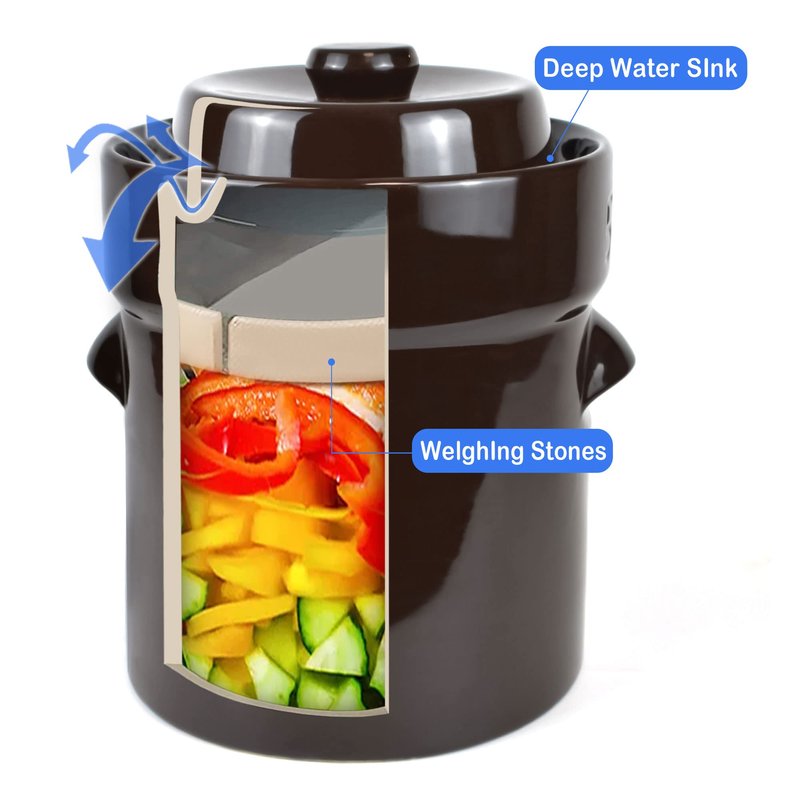 Fermentation Crock Jar 5 Liter / 1.3 Gallon - Stoneware Pot for Fermenting, Pickling Kimchi, Pickles, Vegetables, Kombucha - Glazed Fermenter with Stone Weights, Lid & Pickle Tamper