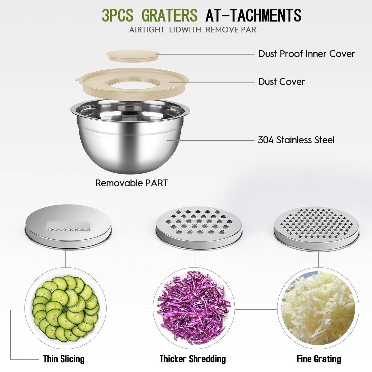 JUJOJB Mixing Bowls With Lids Set,Stainless Steel Mixing Bowls Set With 3 Grater,Metal Nesting Bowls For Kitchen Baking Refrigerator Meal Prep Food Storage Organizer,7 Size(Khaki)