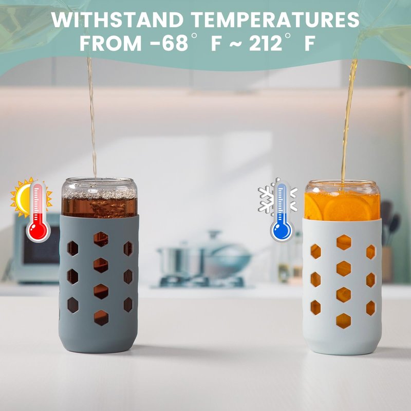 Mrsdry Glass Cups with Lids and Straws (4 Pcs), 20oz Drinking Glasses Set with Silicone Sleeves for Coffee Bar Accessories Iced Coffee Cups with Lids, Glass Tumbler Reusable for Gifts