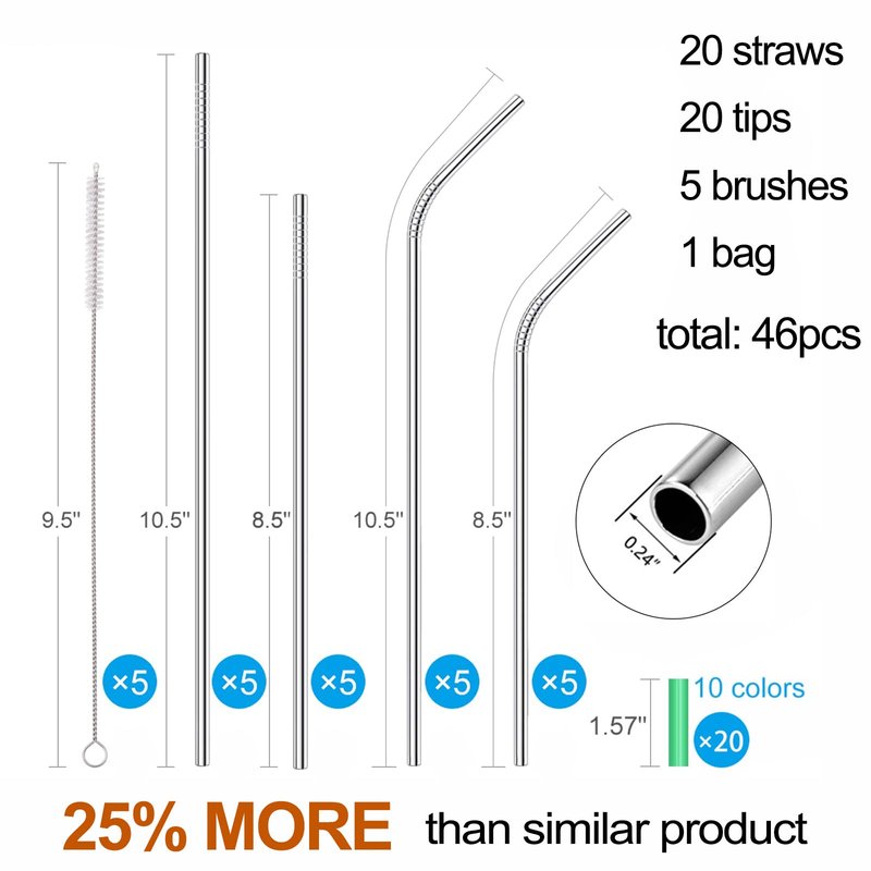 20 Pack Reusable Stainless Steel Metal Straws,10.5" & 8.5" Reusable Drinking Straws with 20 Silicone Tips 5 Straw Brushes 1 Travel Case,Eco Friendly Extra Long Metal Straw Fit for 20 24 30 oz Tumbler