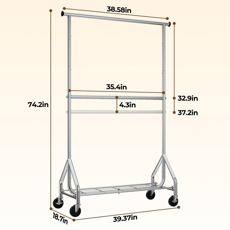 HYSEYY Heavy Duty Clothes Rack, Double Rod Clothing Rack for Hanging Clothes, Rolling Garment Rack, Adjustable Freestanding Wardrobe Closet Coat Rack for Bedroom Laundry Living Room, Silver