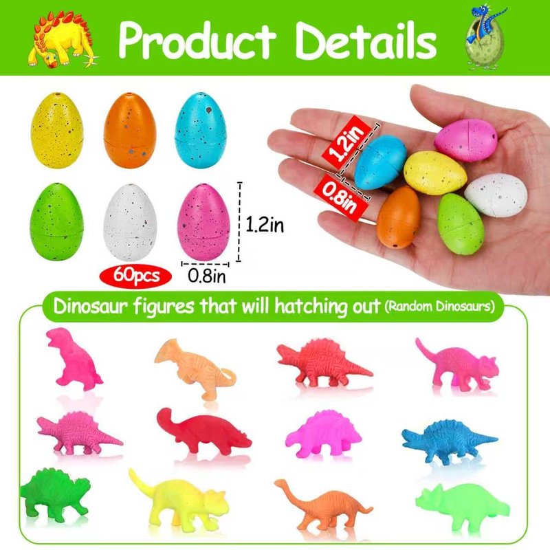 60PCS Small Hatching Dinosaur Eggs for Dinosaur Birthday Party Favors Summer Goodie Treat Bag Stuffers Classroom Carnival Prizes Bulk Pinata Fillers Novelty Grow in Water Dino Eggs with Toys Inside