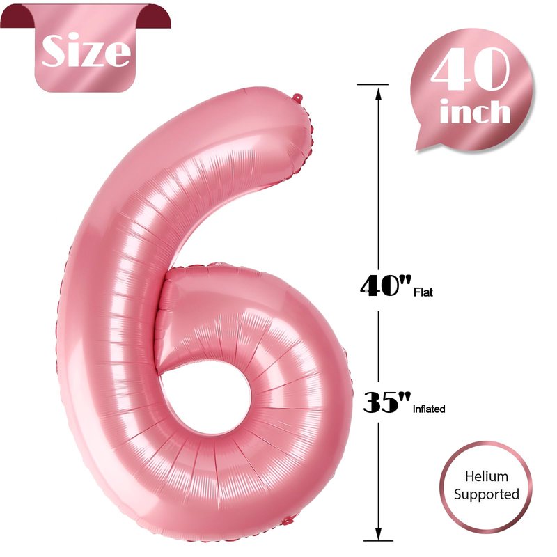 Pearlescent Pink Number 6 Balloon 40 Inch, 6th Birthday Party Decorations for Children, Giant 6 Foil Balloon for Party Supplies