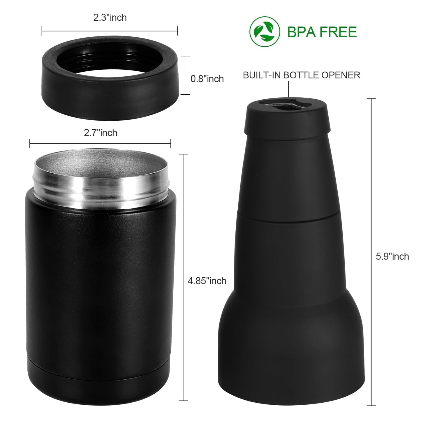 Hgkeke 12oz Universal Beer Bottle Holder Double Walled SS Beer Bottle Cooler 3 in 1 Can Koozie with Beer Opener Vacuum Insulated - fit Fishing,Camping Outdoor Activities and Nice Gift for Men(Black)
