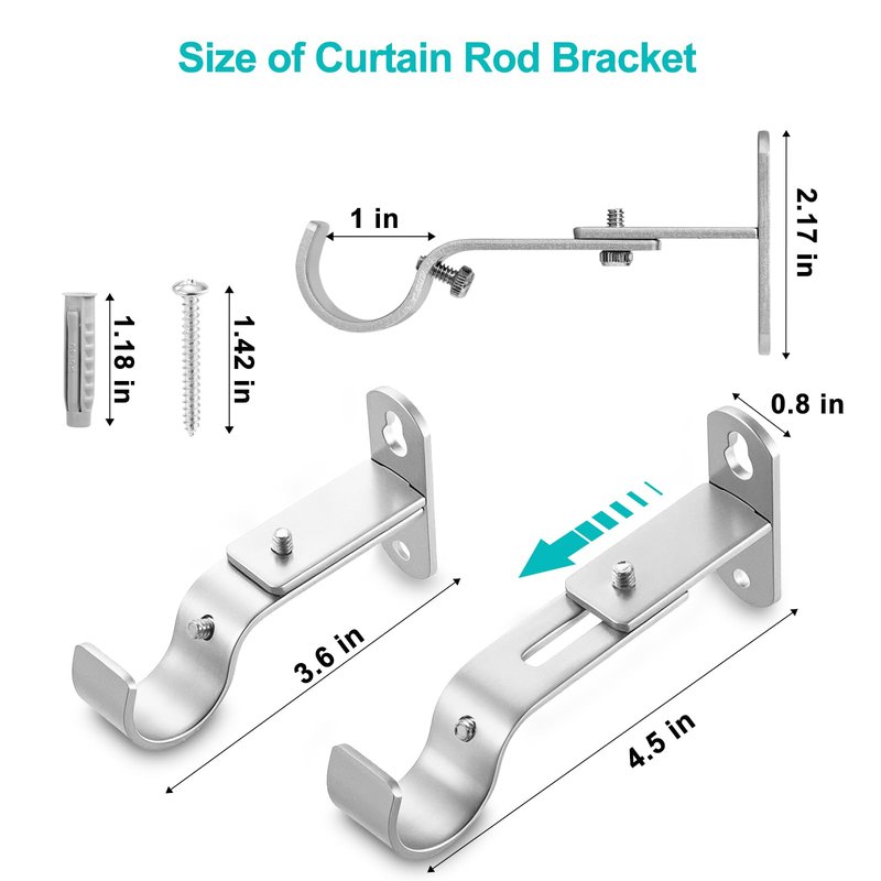 AMZSEVEN Adjustable Curtain Rod Brackets, Metal Window Drapery Rod Hanger Holders Hooks for 1 inch Rods (Satin Silver, Set of 2)