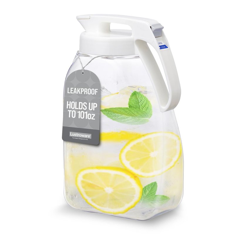 QuickServe Large Airtight Pitcher - 3L (101oz), Heat Resistant, BPA-Free SAN Plastic, One Touch Open & Close, Space-Saving, Made in Japan - White