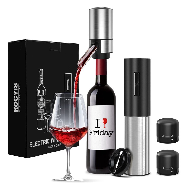 Rocyis Wine Gifts-Electric Wine Opener and Aerator Set-Wine Dispenser Battery Operated, Rechargeable Wine Bottle Opener & Pourer with Foil Cutter, Vacuum Stoppers