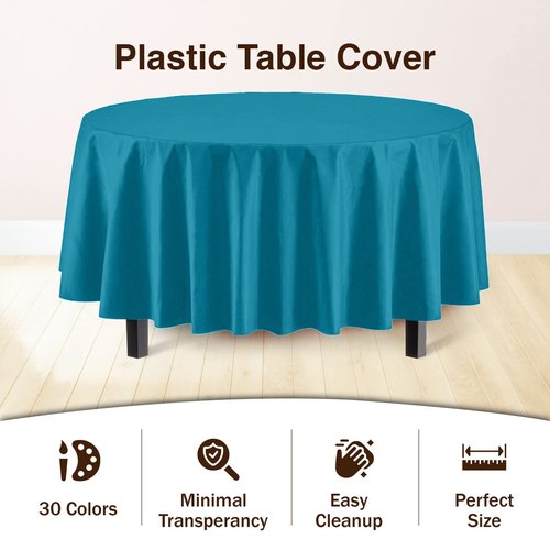 Exquisite 12-Pack Premium Plastic Tablecloth Pack of 12 Premium Plastic Tablecloth 84 Inch Round Table Cover - Turquoise