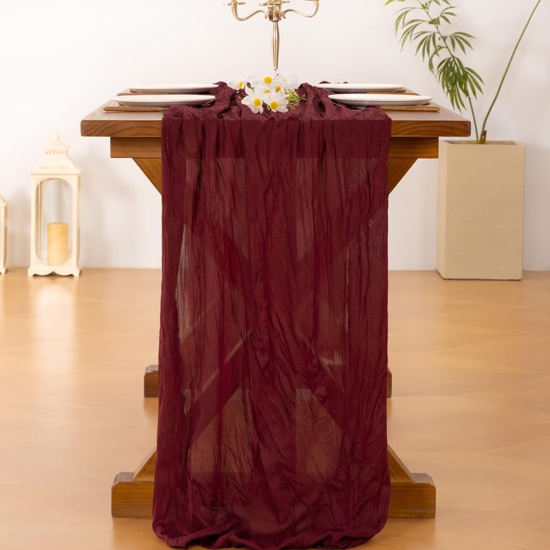 Socomi 6pcs Burgundy Red Valentine's Day Cheesecloth Table Runner Boho Rustic Gauze 120 inch 10FT Cheese Cloth Runner for Wedding Party Baby Shower Birthday Home Decor Holiday Decorations