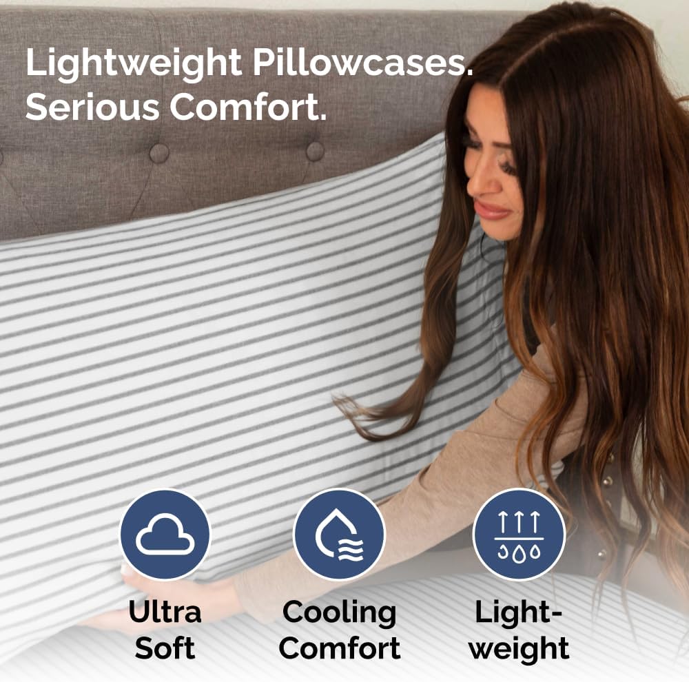 Skiennix Body Pillowcases Set of 4 | Soft, Breathable 20x54 Long Pillow Covers - Grey Stripes, Machine Washable