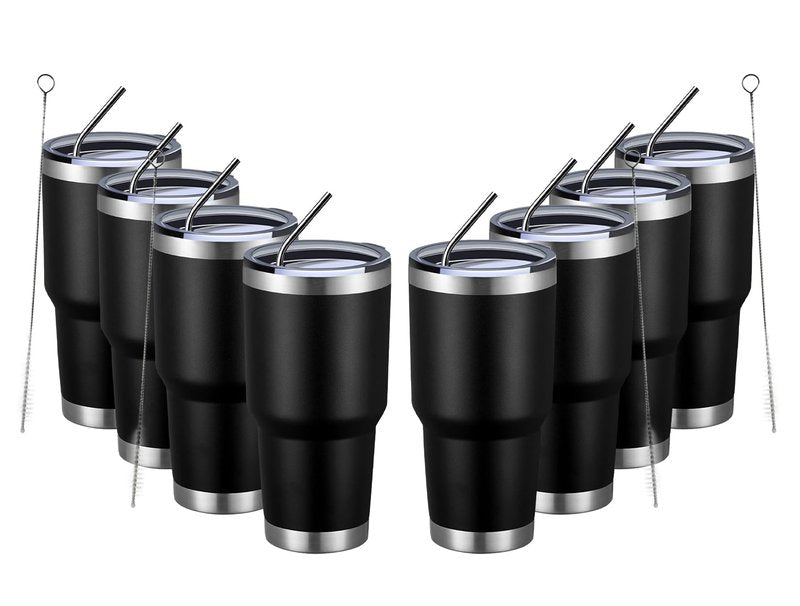 MEWAY 30oz Insulated Tumbler With Lids and Straws,Stainless Steel Double Vacuum Coffee Tumbler Cup, Brush, Durable Powder Coated Coffee Cup for Cold & Hot Drinks(Black,8 PACK)