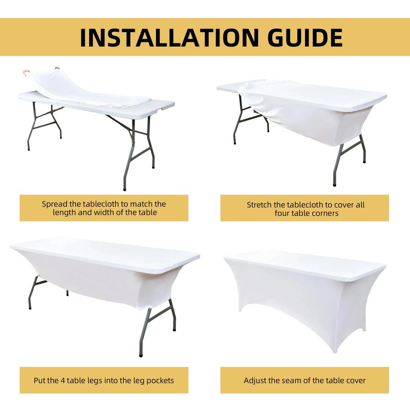ZarzaaSik 6-Pack 8ft White Spandex Table Covers for Rectangle Folding Tables - Washable Elastic Tablecloth - Ultimate Fitted Table Protector for Birthday Parties, Trade Shows, Banquet
