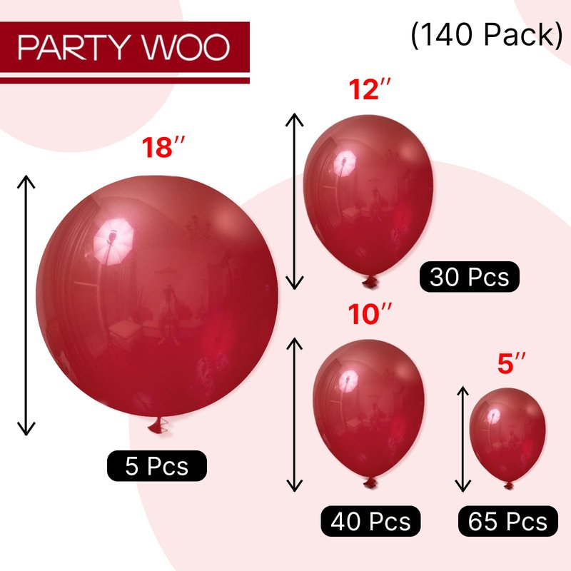 PartyWoo Burgundy Balloons 140 pcs Different Sizes of 18 12 10 5 Inch Dark Chestnut Red Maroon Balloon Arch Kit Garland for Birthday Graduation Anniversary Cherry Casino Party Decorations Red-Y62