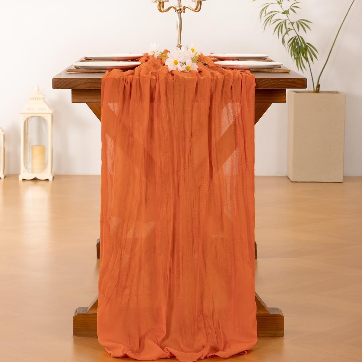 Socomi Cheesecloth Table Runner - Boho Rustic Sheer Design | 120 Inch Orange for Weddings & Events