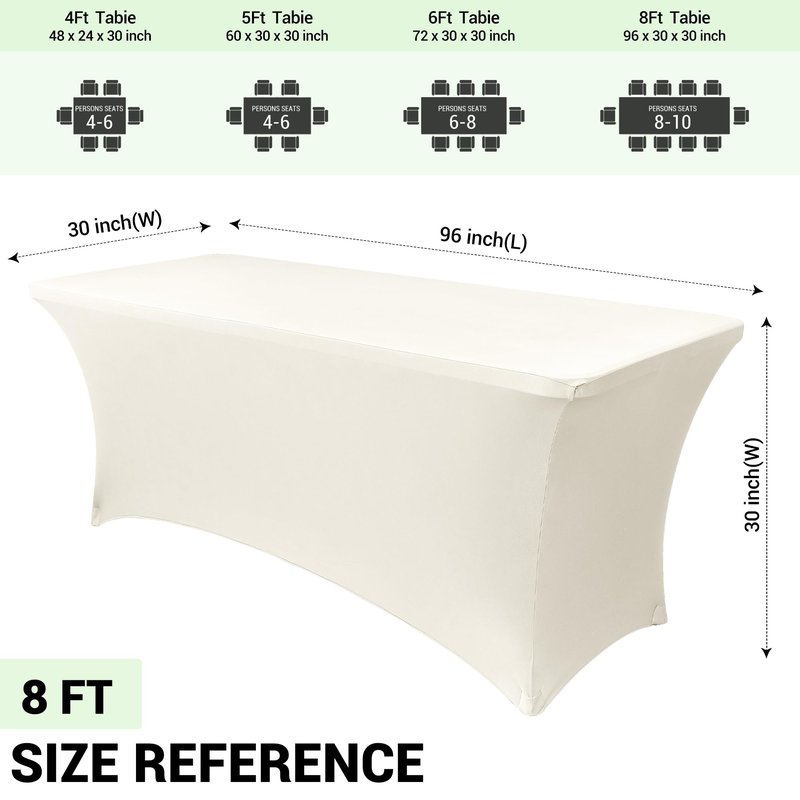 Obstal 8Ft Stretch Spandex Table Cover for Standard Folding Tables - 2 Pack Universal Rectangular Fitted Tablecloth for Party, Banquet, Events, Trade Show (Cream, 96L x 30W x 30H Inches)