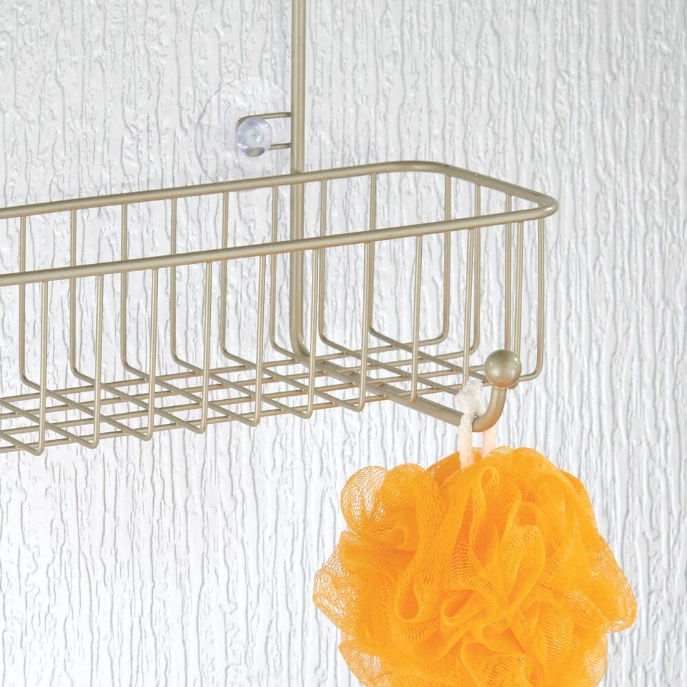 mDesign Extra Wide Metal Wire Over The Bathroom Shower Door Caddy, Hanging Storage Organizer Center with Built-in Hooks and Baskets on 2 Levels for Shampoo, Body Wash, Loofahs - Satin