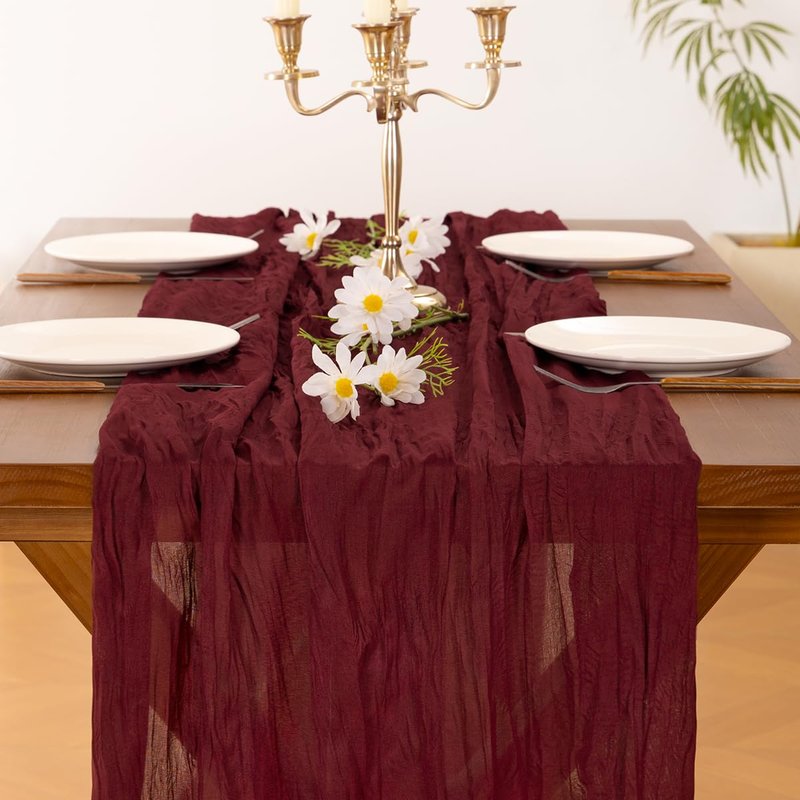 Socomi 6pcs Burgundy Red Valentine's Day Cheesecloth Table Runner Boho Rustic Gauze 120 inch 10FT Cheese Cloth Runner for Wedding Party Baby Shower Birthday Home Decor Holiday Decorations