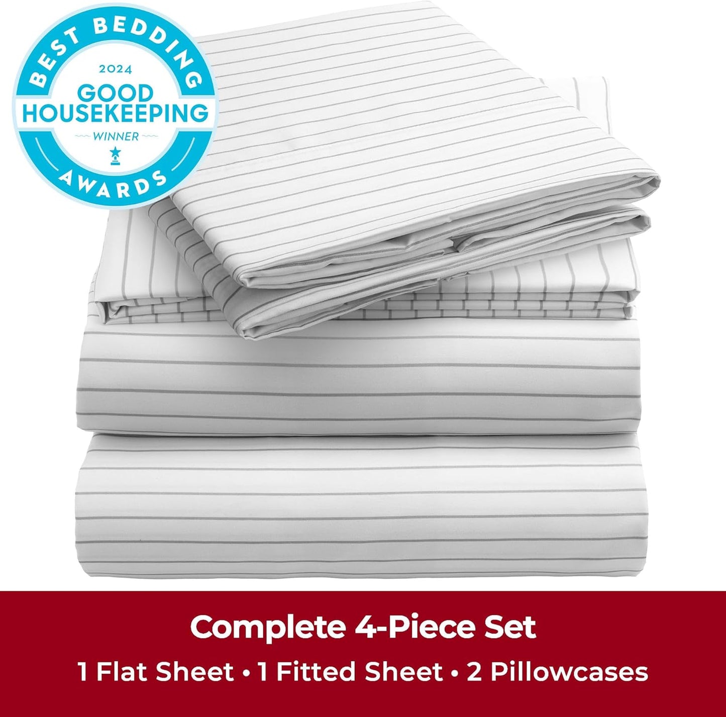 Mellanni Full Sheets Set - 4 PC Hotel Luxury Bedding | Extra Soft, Cooling, Wrinkle-Resistant (Pinstripe Gray)