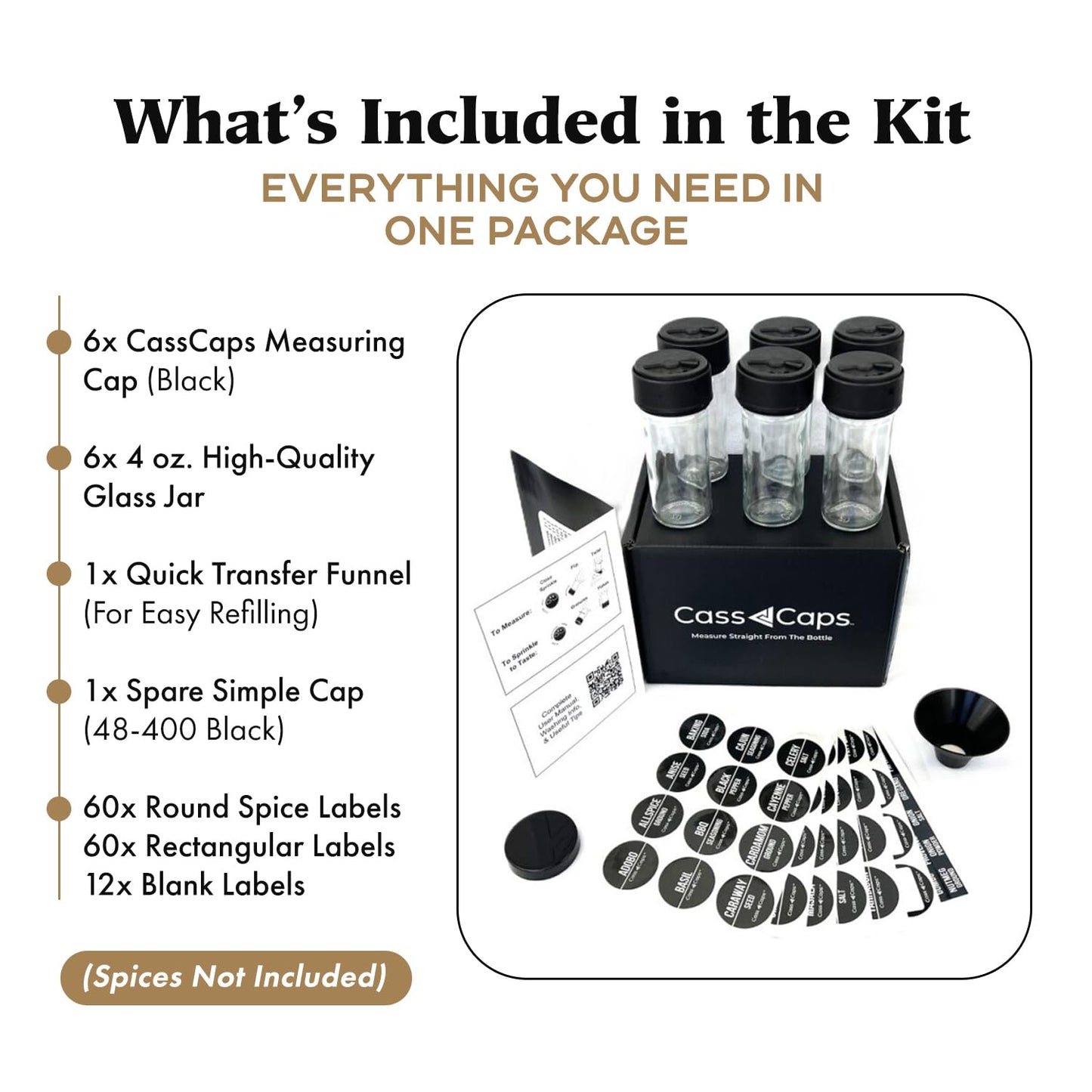 CassCaps Spice Jars & Measuring Caps Set – Measure Straight from The Bottle! Faster Meal Prep, No Mess, No Clean Up. 6 Pack