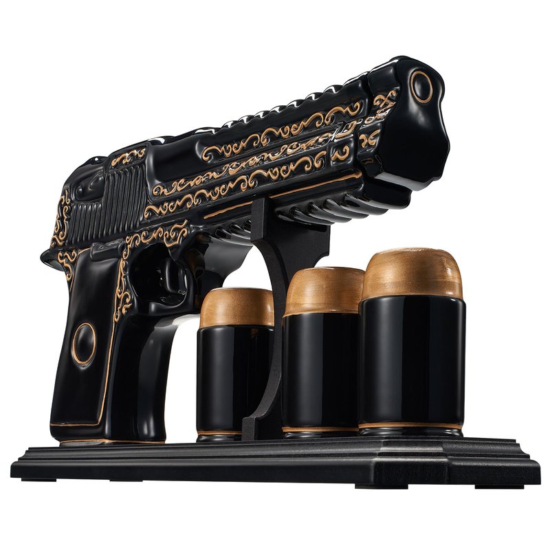 Gifts for Men Dad Hand Painted Gun Whiskey Decanter Set & Shot Glass - Black & Gold & 3 Bullet Shots - Unique Birthday Christmas Gift for Brother, Cool Anniversary Present Him Husband, Pistol Liquor