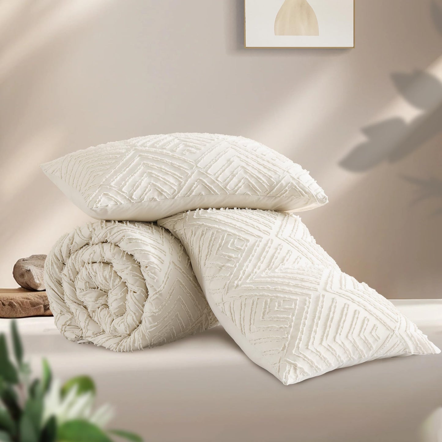 Andency Beige California King Comforter Set, 3 Pieces Cream Boho Tufted Cal King Bedding Set & Collections, Soft Lightweight Down Alternative Bed Set (104x96In, 2 Pillowcases)