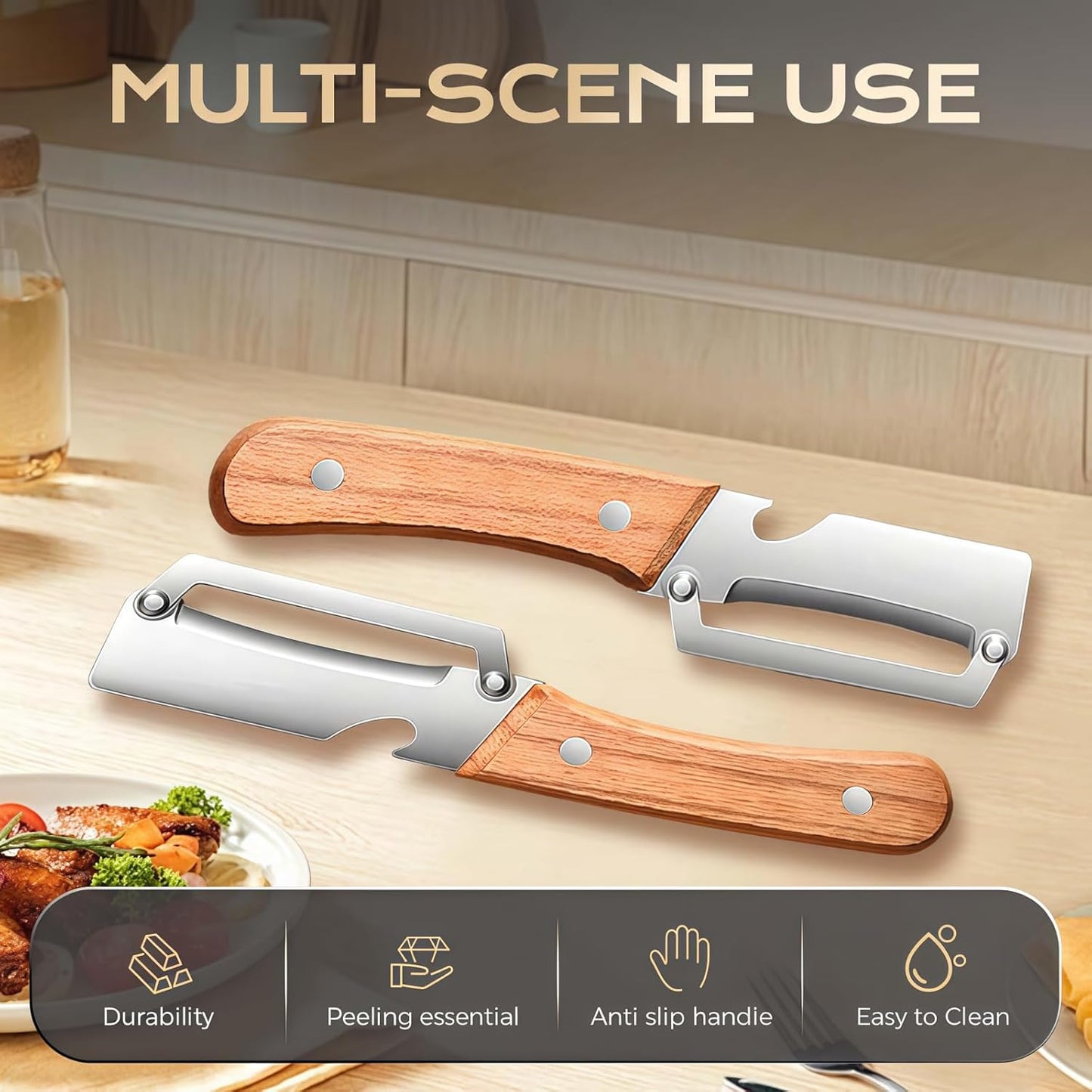 Skiennix Multifunctional Vegetable Peeler - 2 Pcs Wooden Handle with Bottle Opener | Ideal for Fruits & Veggies