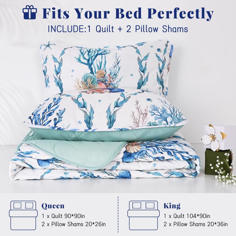 Uspring Cooling Comforter Quilts Queen Size, Double-Sided Cool Comforter for Hot Sleepers Summer Coastal Bedding Set, 3Pcs Lightweight Breathable Cold Summer Bedspreads Blanket Set (Blue, 90'' x 90'')
