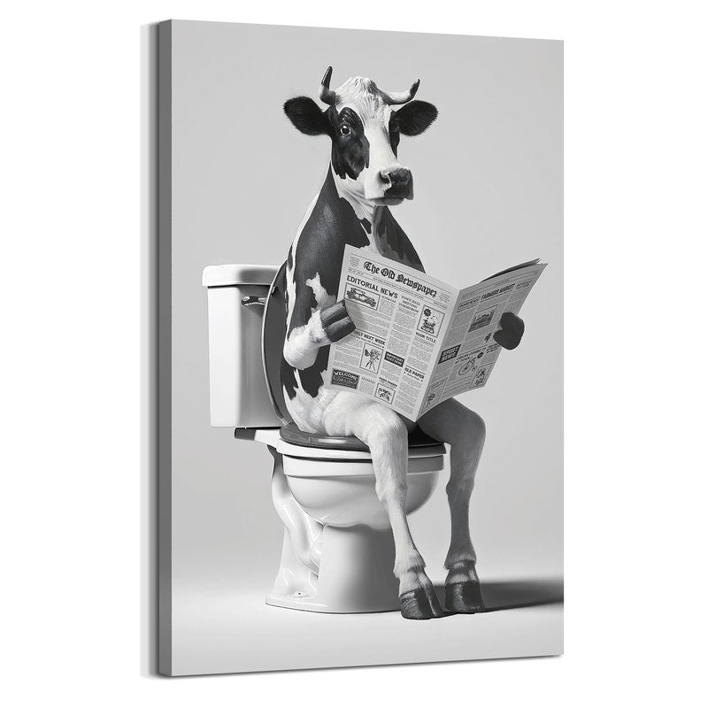 Animal Bathroom Wall Art Decor: Funny Cow Canvas Picture Black and White Bathroom Print Artwork Fun Animal on Toilet Painting for Home Restroom Farmhouse