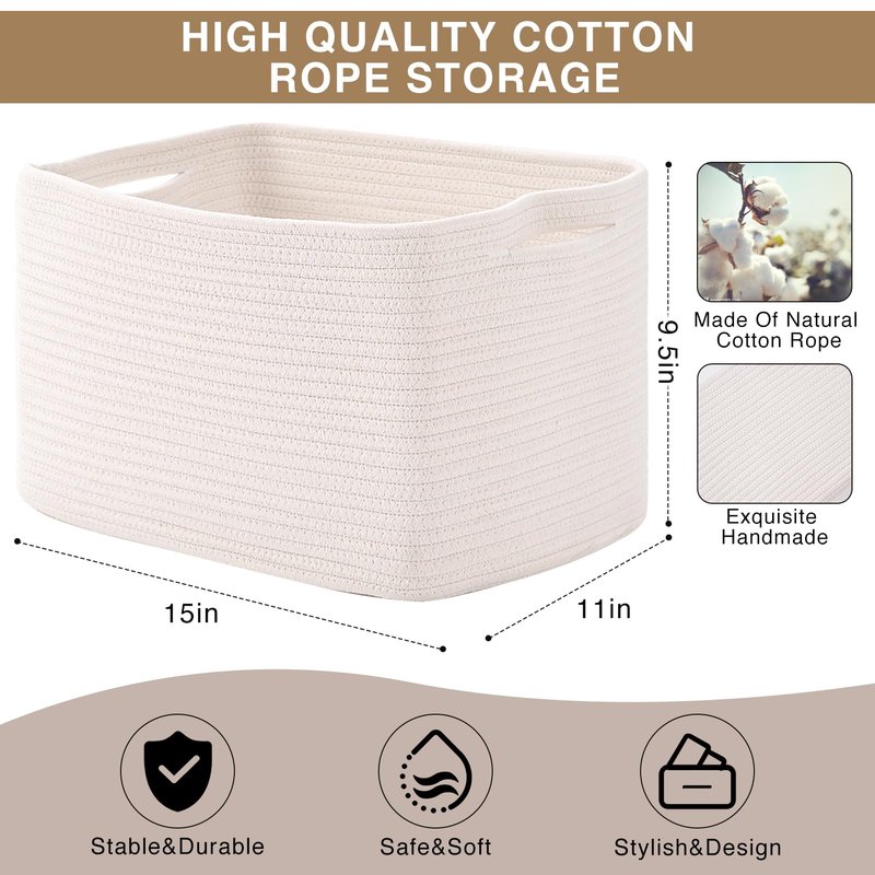 ICERZCZ Storage Baskets for Organizing Shelves, Woven Cotton Rope Bins for Baby Nursery Organization, Book Toy Towel Organizer, 15"x11"x9.5", 3 Packs, Off White