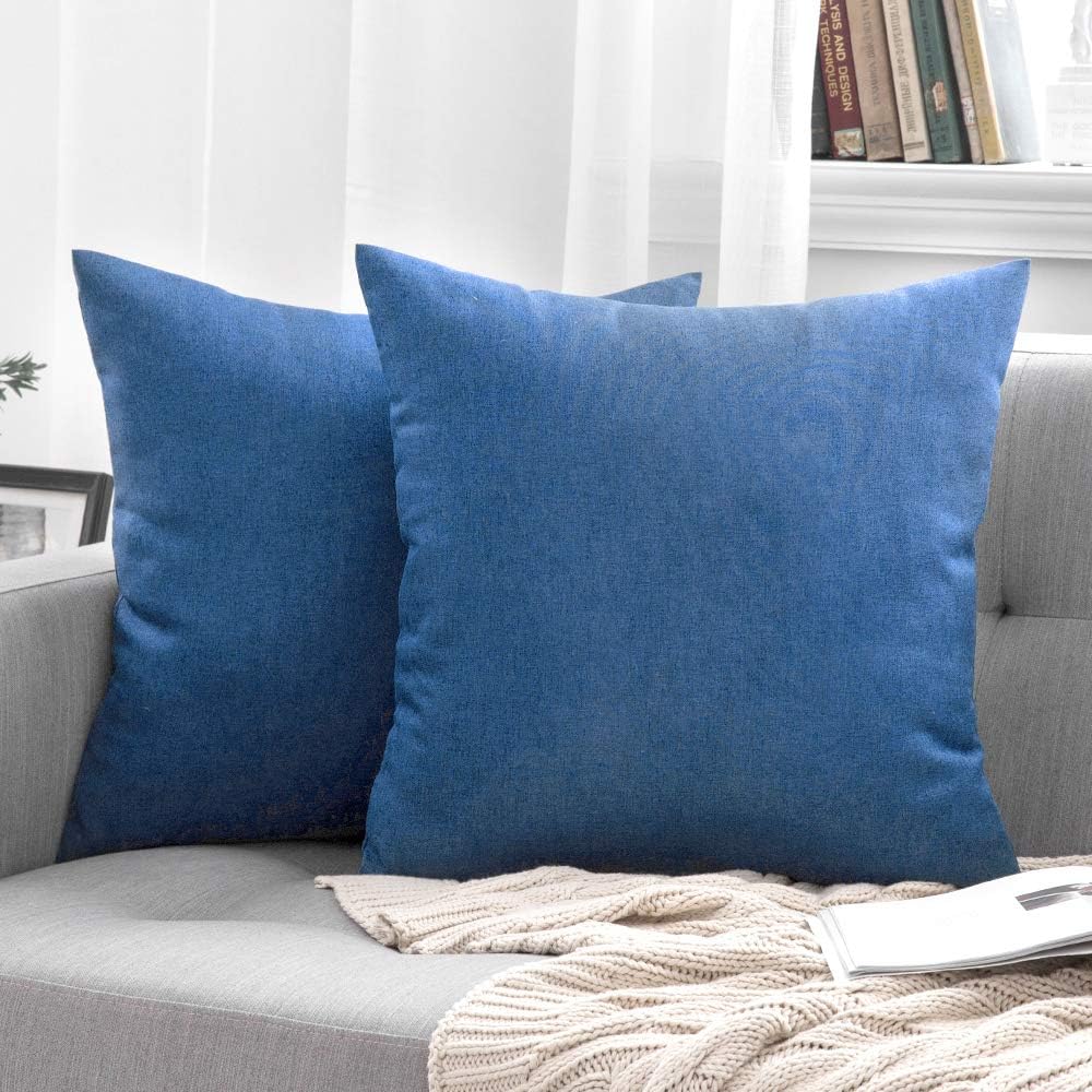 MIULEE Decorative Outdoor Throw Pillow Covers - Waterproof Faux Linen Cushion Cases | 18x18 Inch Blue, Set of 2