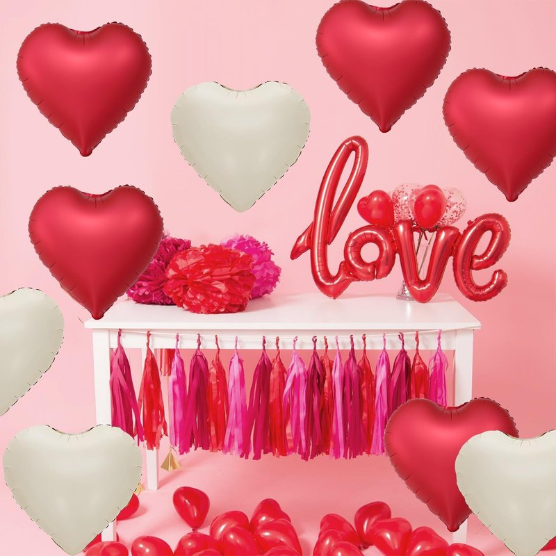 Red White Heart Balloons,12Pcs 18Inch Cream White Metallic Red Heart Shaped Foil Helium Balloons for Birthday Anniversary Wedding Engagement Party Decorations