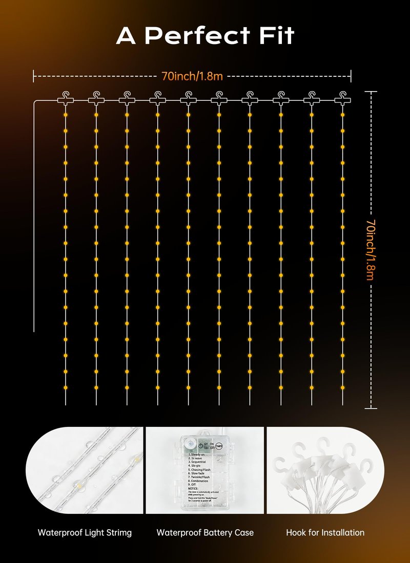Brightown 180 LED Shower Curtain Lights, 70 Inch Warm White Fairy Lights Battery Operated String Lights, 8 Modes Waterproof Christmas Lights for Indoor Outdoor Decor(No Curtain)