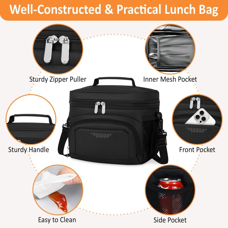 Vankor Lunch Box for Men Women, Insulated Lunch Bag Reusable Leakproof Cooler Lunch Tote Bag with Adjustable Shoulder Strap for Work Office Picnic Beach Travel, Black