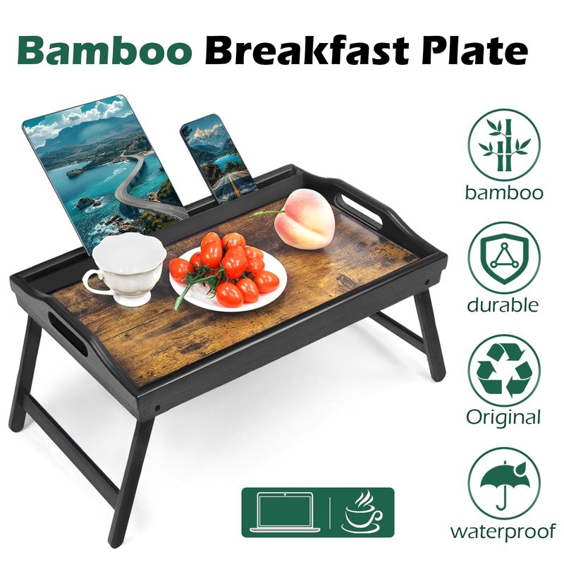 2 Pack Bamboo Bed Tray Table, Folding Legs and Handles, Breakfast Tray, Serving Tray with Groove for Phone Tablet, Laptop Desk for Bed or Sofa, Serving Tray for Eating, Working, Reading, Picnic