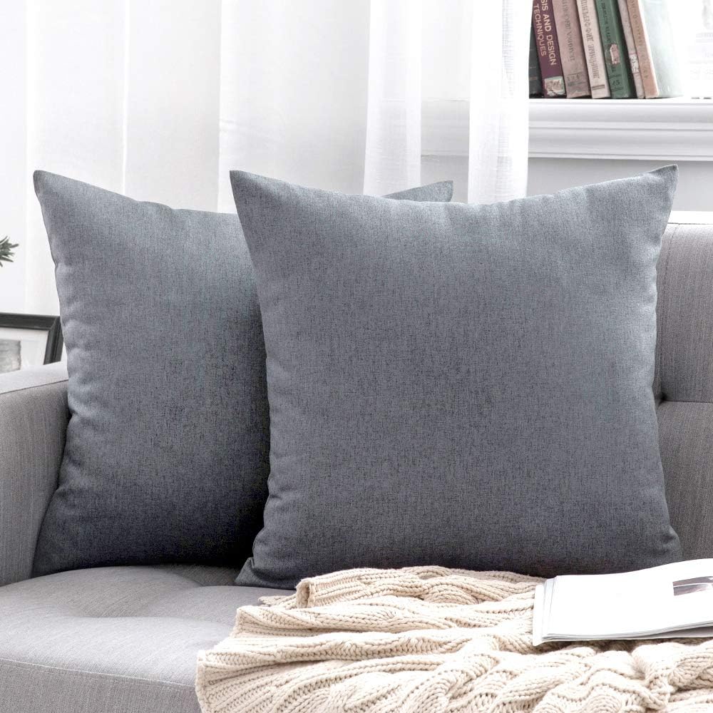 MIULEE Decorative Outdoor Throw Pillow Covers - Waterproof Faux Linen Cushion Cases | 18x18 Inch Dark Grey (Pack of 2)